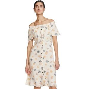 Marks & Spencer Flax Floral Midi Dress Beige Sz 2 Cottage Linen Prairie Flutter